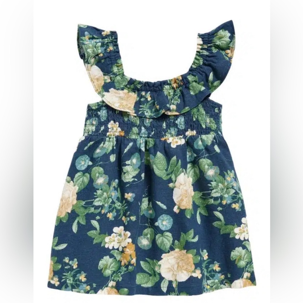 Navy Floral Sleeveless Ruffled Linen-Blend Dress